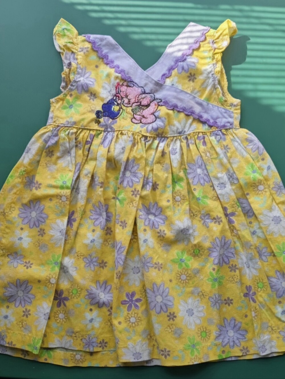 Vintage Okie Dokie 2T Yellow Floral Bear Upcycle Dress (Note)